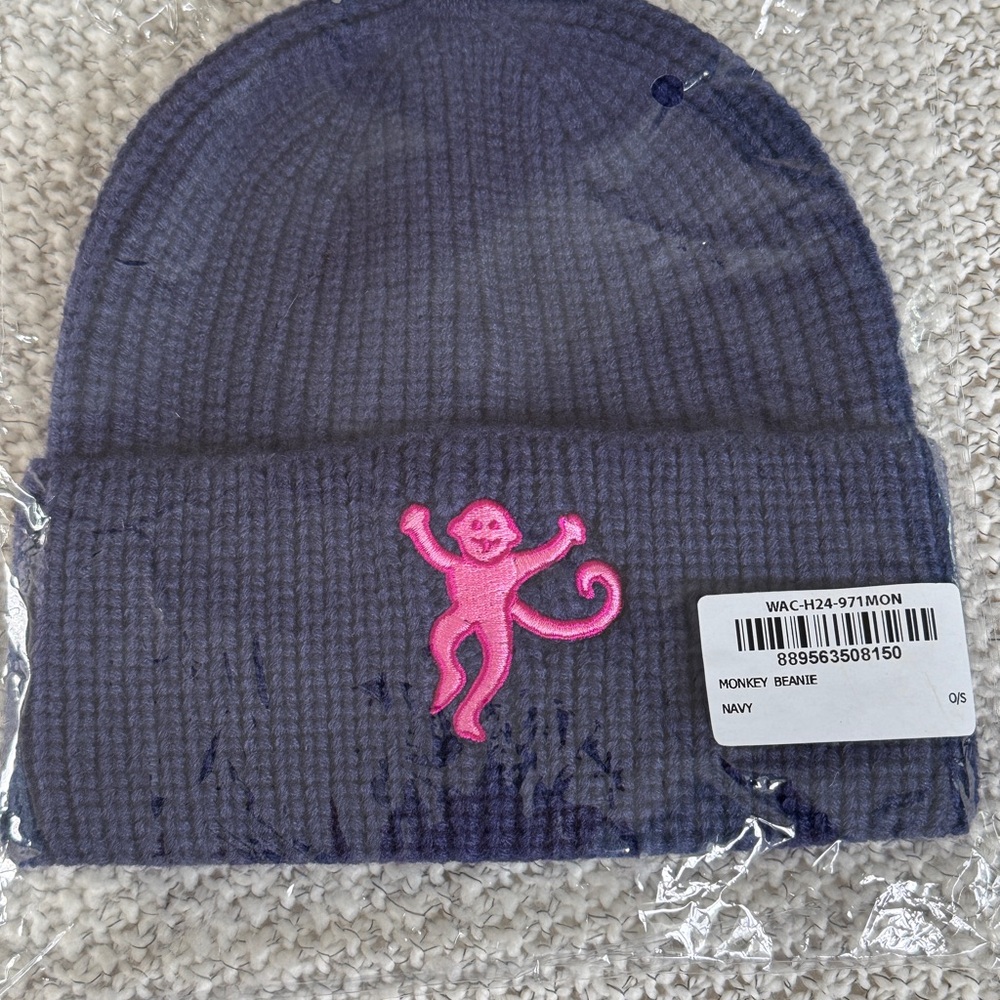 Roller Rabbit Navy Beanie with Pink Monkey Embroidery NWT